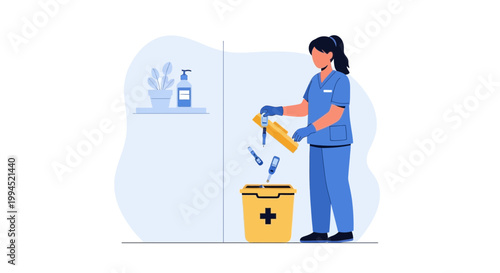 Nurse Disposing Medical Waste Safely in Biohazard Bin