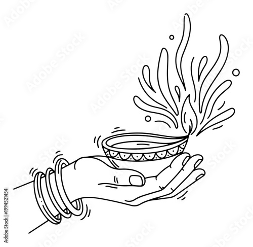 Hand holding diya lamp with stylized flame and bracelets in clean line art style