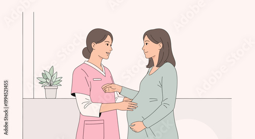 Nurse examines pregnant woman's belly, prenatal care, expecting mother health check