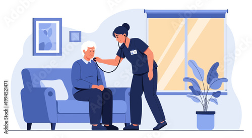 Nurse examining elderly man with stethoscope at home, healthcare and medical checkup concept
