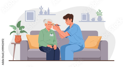 Nurse examines elderly woman's eye at home, healthcare, medical checkup, senior care