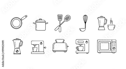 Minimal black and white kitchen utensils and appliances icons set frying pan spatula blender toaster vector design