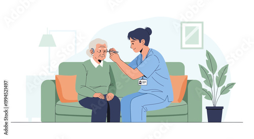 Nurse examining elderly patient's ear with otoscope at home, healthcare concept