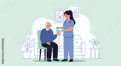 Nurse giving medication to elderly man at home, healthcare, support, senior care