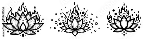 Konstfotografi Lotus flower with burning flames for spiritual purification in stylized line art