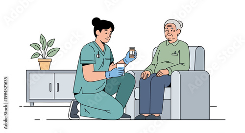 Nurse giving medication to elderly patient in care home, healthcare concept