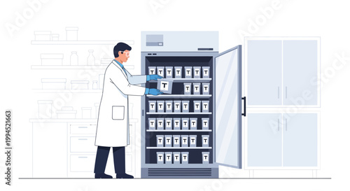 Scientist Organizes Samples in Refrigerator, Laboratory Storage, Medical Research