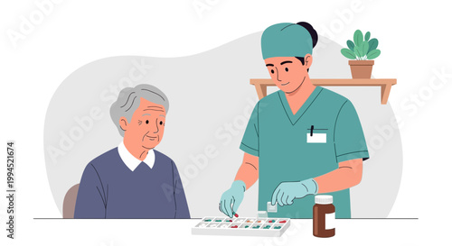 Nurse giving medication to elderly woman, caregiver assisting senior patient with pills