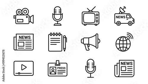 News and media icons set with play button graphic resource journalism broadcasting communication information reporting microphone newspaper television megaphone technology industry