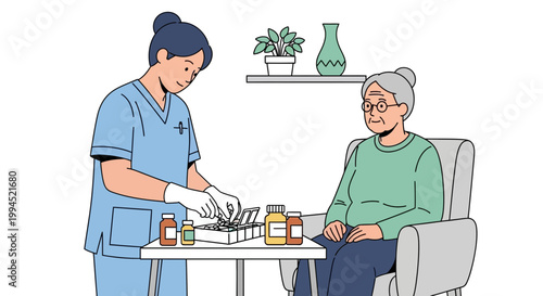 Nurse giving medication to elderly woman in armchair, home care, medical assistance