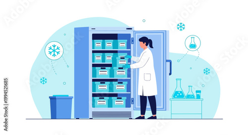 Scientist Organizing Samples in a Cold Storage Freezer in a Laboratory