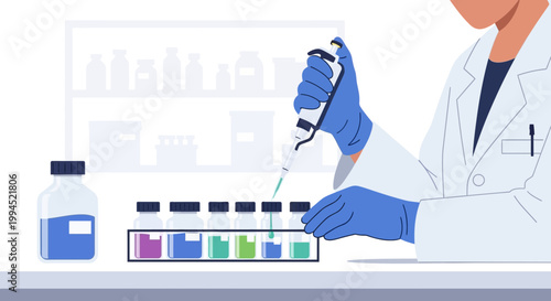 Scientist Pipetting Liquid into Test Tubes in Laboratory