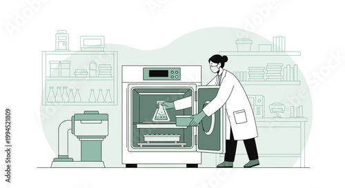 Scientist places flask in incubator for research, laboratory experiment