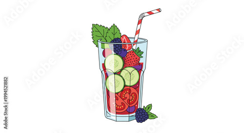 Refreshing glass of detox water filled with colorful fruits and vegetables like berries, cucumber slices, and tomatoes.