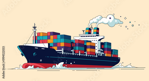 Massive container ship loaded with colorful freight boxes sails across the ocean waves with smoke coming from its funnels.