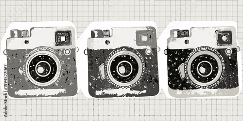 Three vintage polaroid cameras illustrated in a repeating halftone pattern