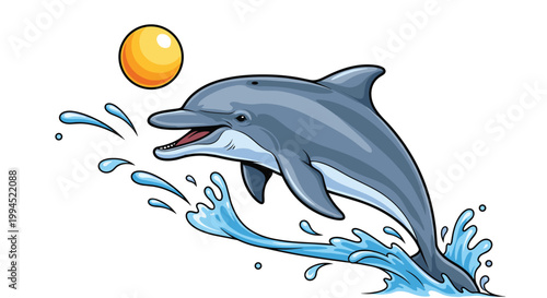 Playful dolphin jumps high out of the sparkling blue water to hit a bright yellow ball during a performance at sea.