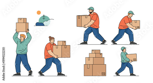 Set of six delivery workers in various poses carrying heavy cardboard boxes to illustrate logistics and moving services.