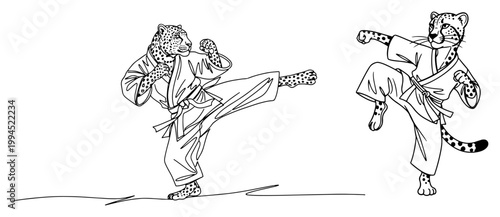 Leopard and cheetah martial artists fighting in traditional gi uniforms in minimalist line art style