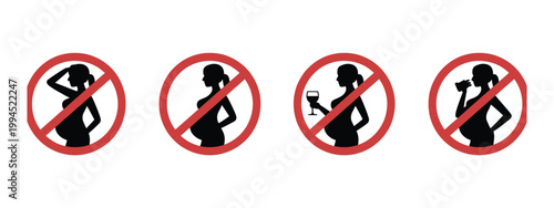 Pregnancy health warning icon set with prohibition symbols for alcohol and unhealthy activities, maternal safety guidance vector illustration