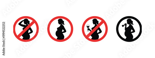 Pregnancy health warning icon set with prohibition symbols for alcohol and unhealthy activities, maternal safety guidance vector illustration