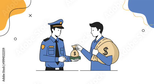Conceptual illustration of a police officer in uniform accepting a small bag of money from a civilian to represent bribery.