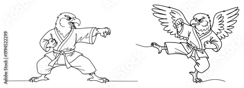 Eagle wearing martial arts uniform set performing karate moves in character line art style