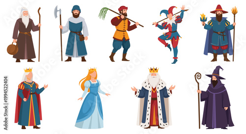 Comprehensive set of ten medieval characters including a king, queen, jester, wizard, and various villagers or guards.