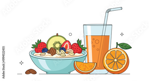 Nutritious breakfast scene with a bowl of cereal and fruit served alongside a glass of fresh orange juice and fruit slices.