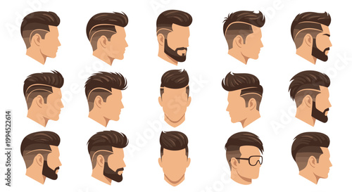 Collection of male profile heads displays a variety of modern hairstyles and barber designs, illustrating different grooming trends.