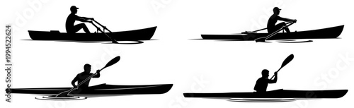 Silhouettes of people rowing boats and paddling kayaks on water in minimalist black and white style
