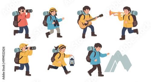 Set of cheerful hikers and explorers carrying backpacks are engaged in various outdoor activities like birdwatching and playing music.