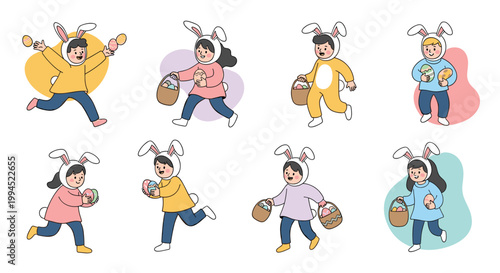 Group of cute children wearing white bunny costumes are joyfully running and collecting colorful eggs during an Easter egg hunt event.
