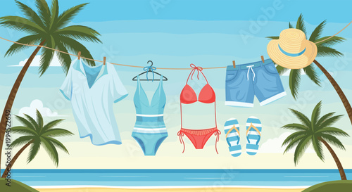 Selection of colorful summer beachwear and accessories hang on a clothesline against a tropical seaside backdrop with palm trees.
