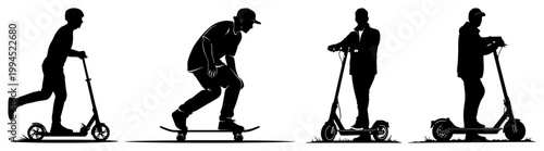 People riding kick scooters e-scooters and skateboard in urban mobility silhouette style