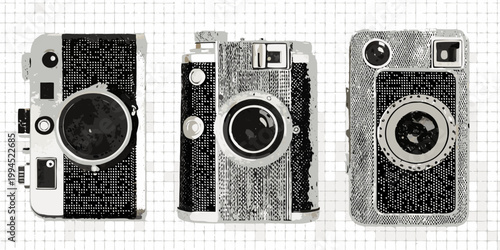 Three vintage cameras displayed on a patterned grid background