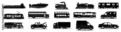 Large collection of transport vehicle silhouettes including bus train truck ship and emergency cars