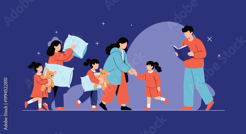Diverse group of people and children carrying pillows and toys are depicted as refugees or travelers in a simple, flat vector style.