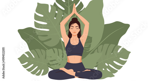 Young woman is calmly practicing yoga in a lotus pose, positioned in front of a background featuring large and lush green monstera leaves.
