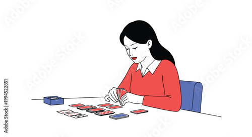 Focused young woman with long dark hair is sitting at a white table and playing a game of cards, meticulously arranging the deck before her.