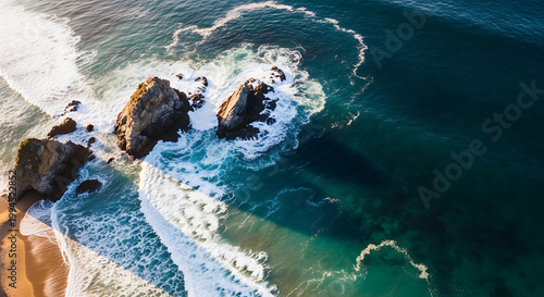 Aerial view of crashing ocean waves against rocky outcrops on a sandy beach during golden hour, with sunlight reflecting on the water's surface.