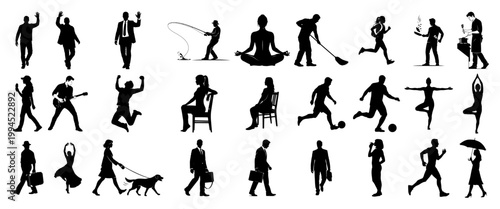 People silhouettes collection performing daily activities and sports in flat black style