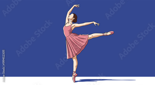 Graceful ballerina wearing a pink dress and pointe shoes is performing a dance move against a solid blue background with a white floor.