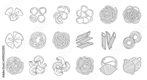 Wide variety of dry pasta shapes are depicted in a technical line drawing style, showcasing different Italian culinary ingredients.