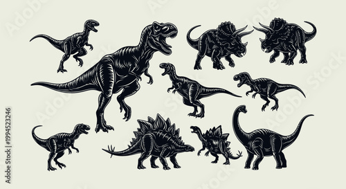 Group of various dinosaurs standing together.