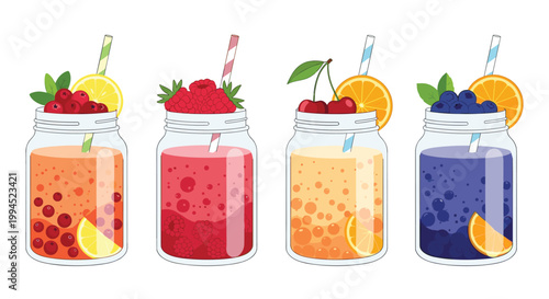 Four refreshing fruit smoothies in glass jars are displayed with colorful straws and fresh fruit garnishes, showcasing healthy options.