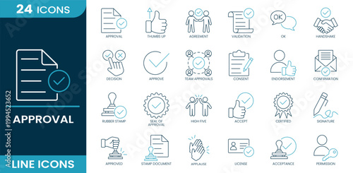 Approval icon set. Approval, agreement, validation, handshake, confirmation, approve, consent, certification, signature, permission. Line vector icons.