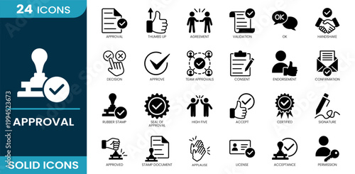 Approval icon set. Agreement, approval, validation, handshake, confirmation, approve, consent, certified, signature, permission. Solid vector icons.