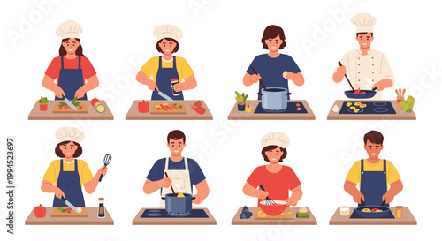 Collection of male and female chefs and cooks in uniforms are shown busy preparing various dishes in a kitchen setting.