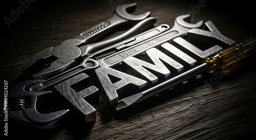 Family being built and repaired with tools, concept of support and maintenance, strong connections